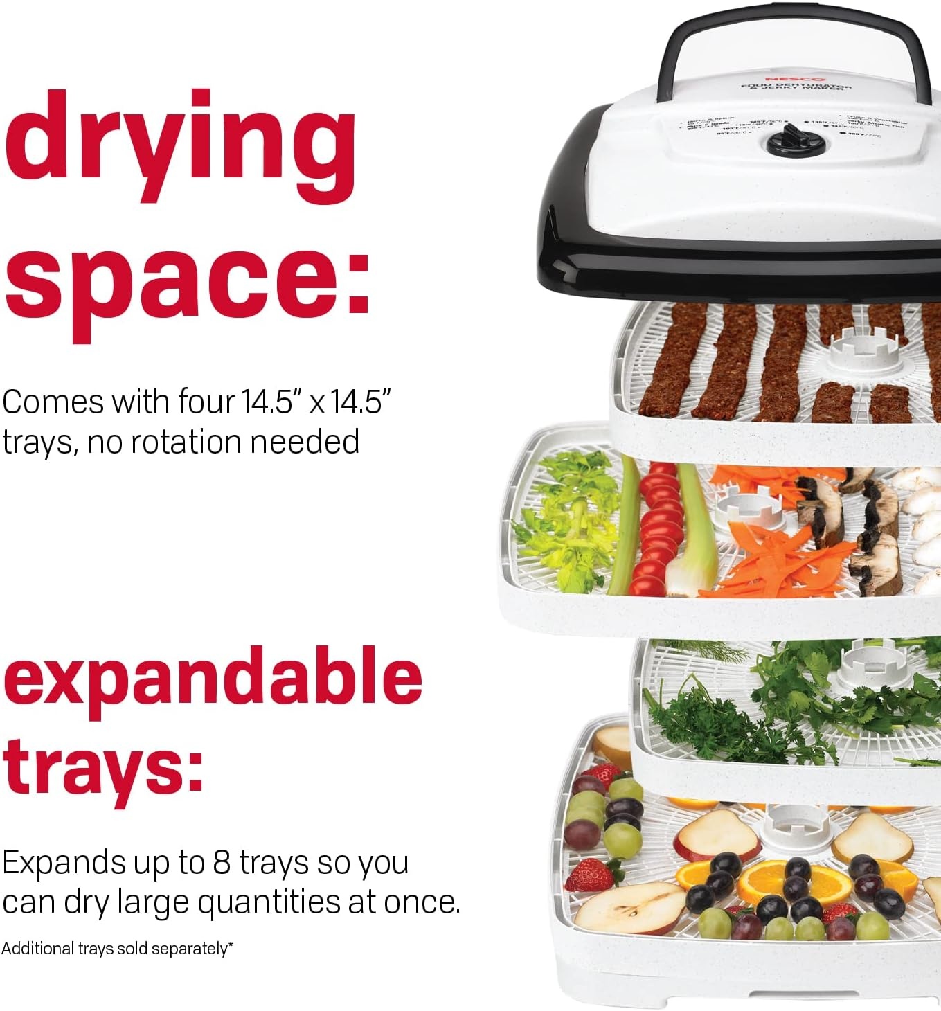NESCO FD‑80A Square Food Dehydrator for Snacks, Fruit, Beef Jerky, 4‑Tray White Electric Dehydrator with Even Heat Drying(Dehydrator)