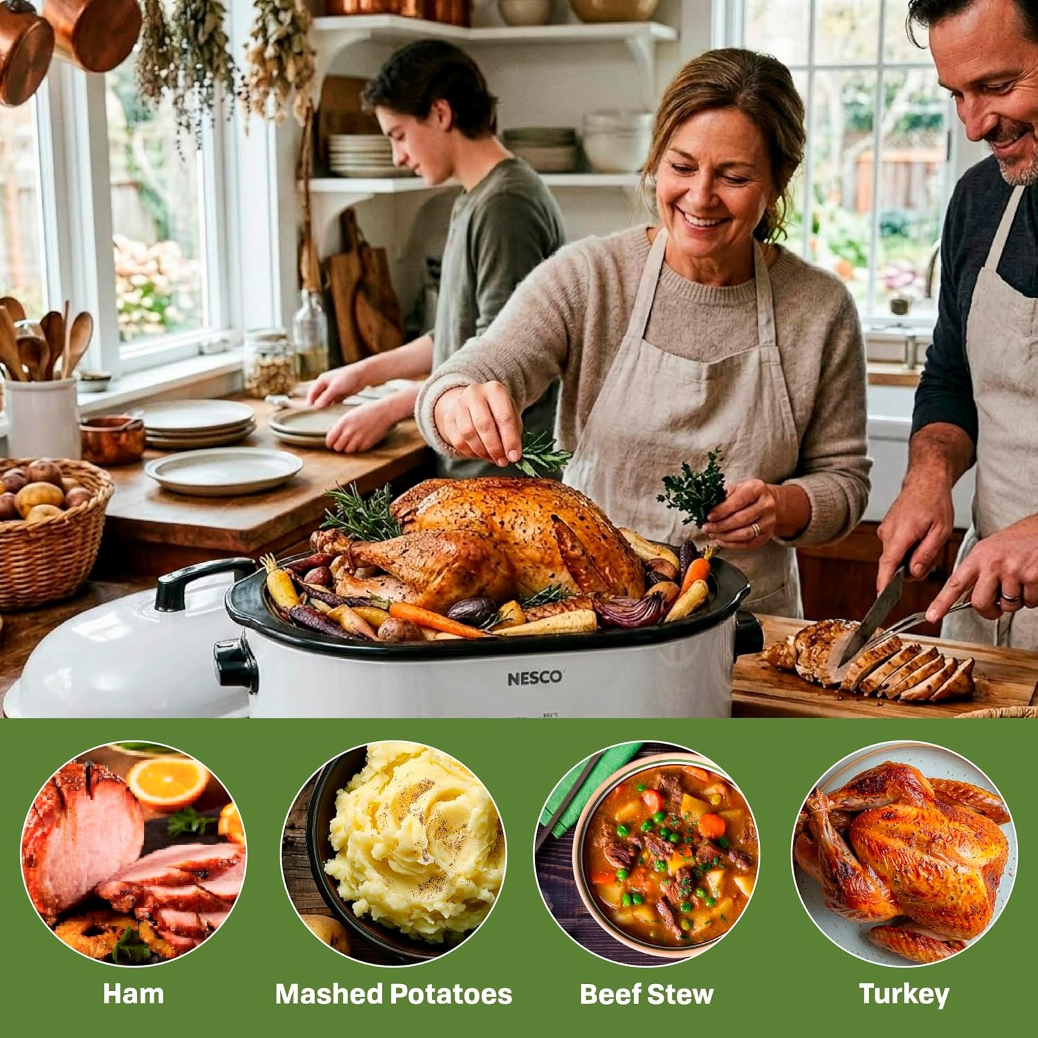 NESCO MWR18‑14 Electric Roaster Oven for Family‑Size Meals, White 18‑Quart Countertop Roaster with Adjustable Temperature Control(White)