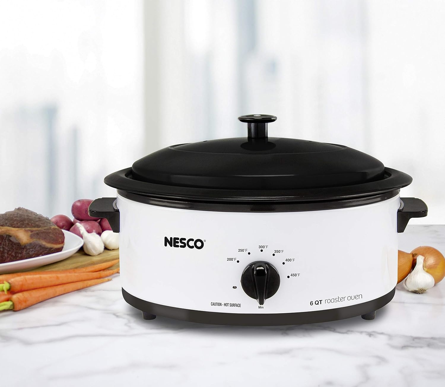 NESCO 4816‑14 Electric Roaster Oven for Everyday Home Cooking, White 6‑Quart Countertop Roaster with Porcelain Coated Steel Cookwell(White)
