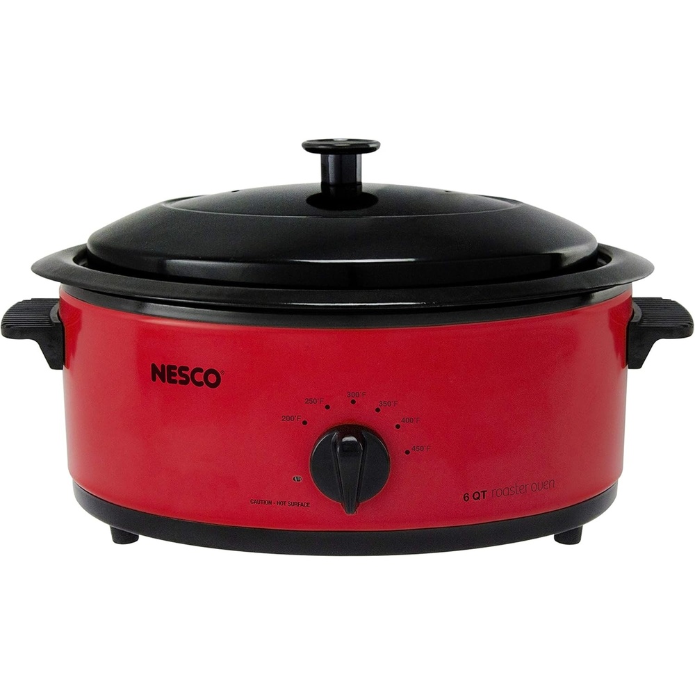 NESCO 4816‑14 Electric Roaster Oven for Everyday Home Cooking, White 6‑Quart Countertop Roaster with Porcelain Coated Steel Cookwell(Red)