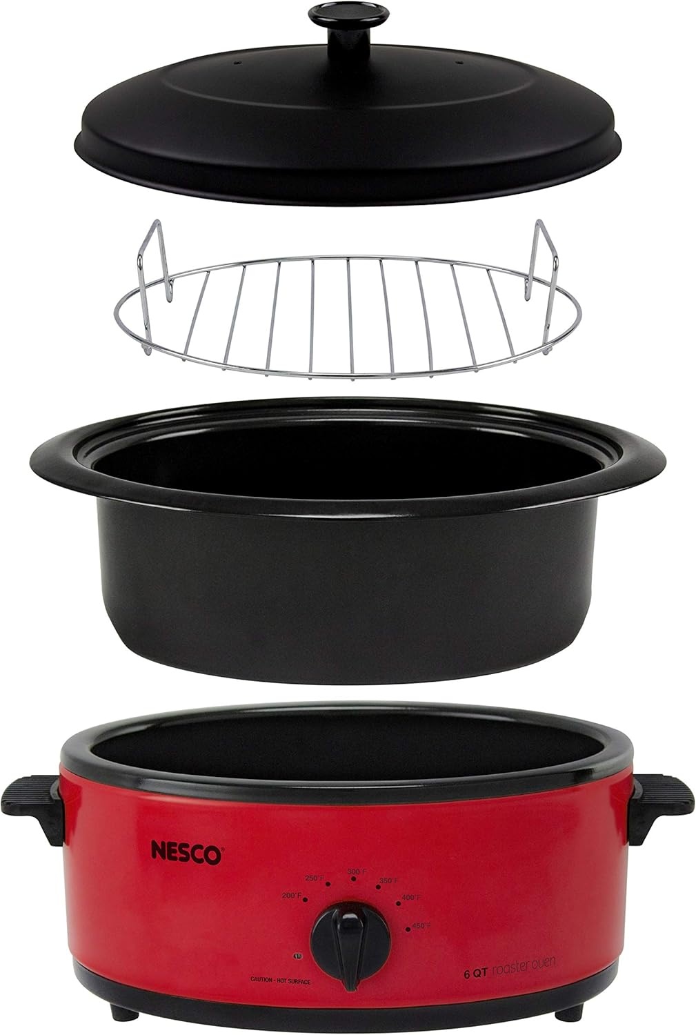 NESCO 4816‑14 Electric Roaster Oven for Everyday Home Cooking, White 6‑Quart Countertop Roaster with Porcelain Coated Steel Cookwell(Red)