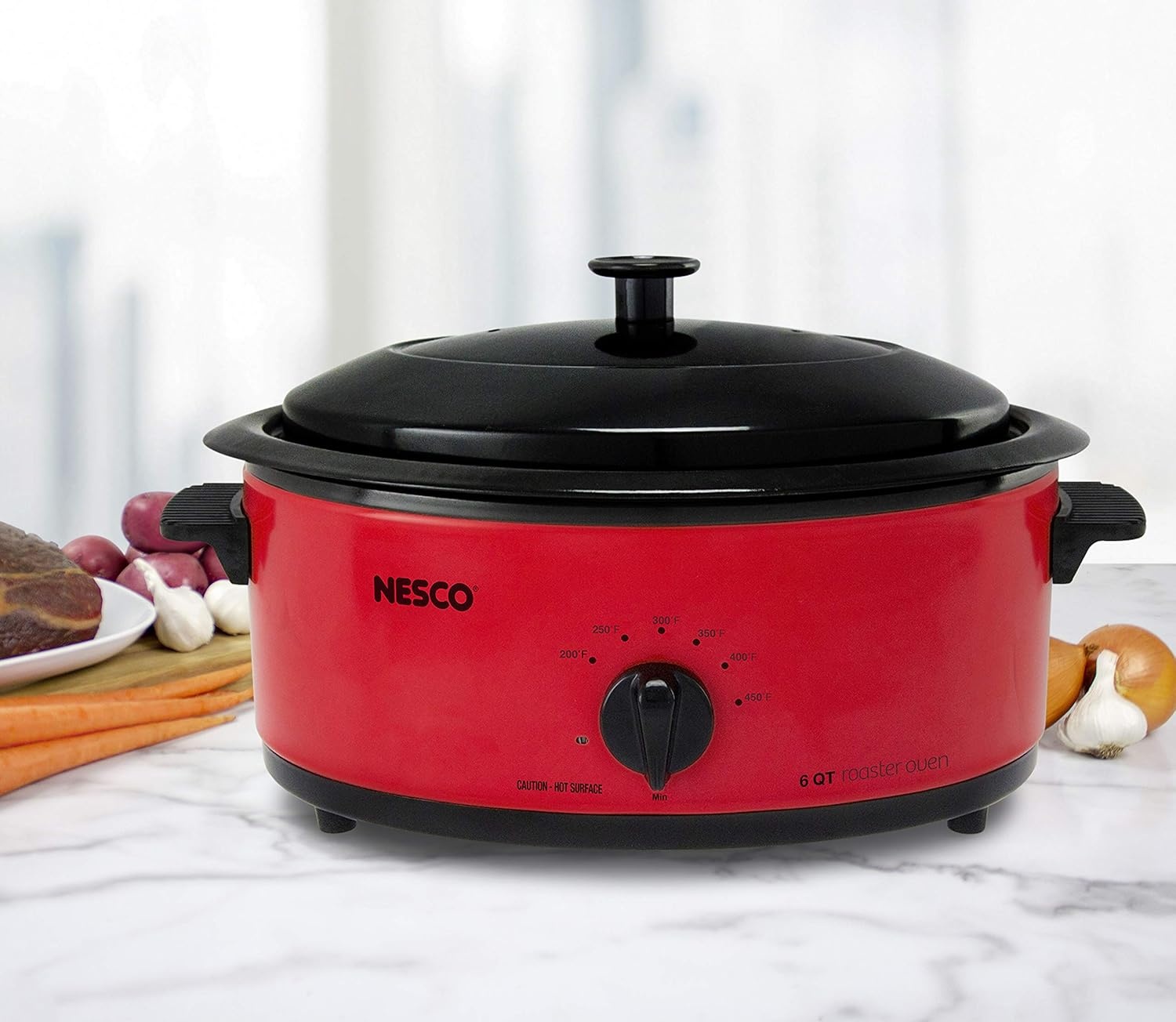 NESCO 4816‑14 Electric Roaster Oven for Everyday Home Cooking, White 6‑Quart Countertop Roaster with Porcelain Coated Steel Cookwell(Red)