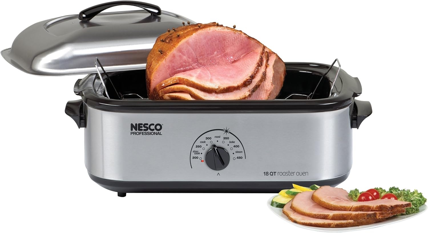 NESCO 4816‑14 Electric Roaster Oven for Everyday Home Cooking, White 6‑Quart Countertop Roaster with Porcelain Coated Steel Cookwell(Stainless Steel)