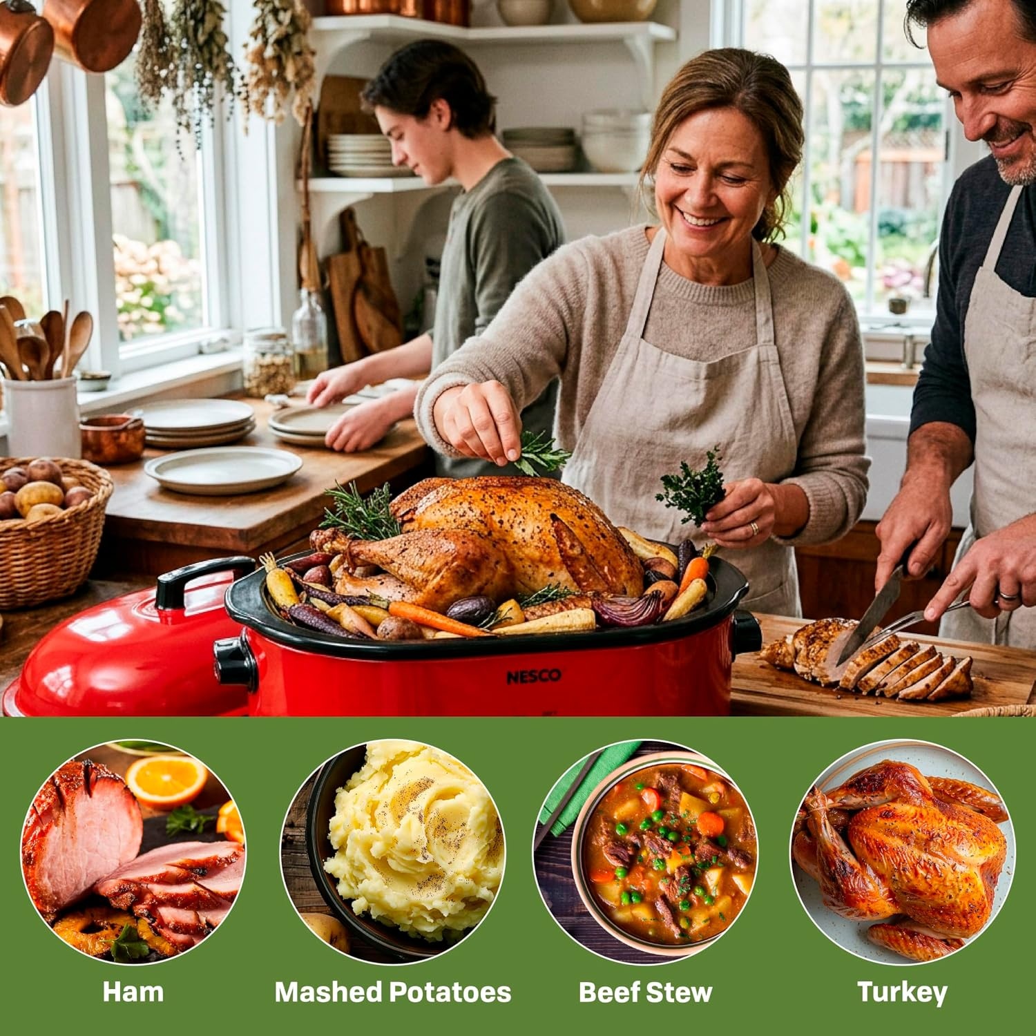 NESCO MWR18‑14 Electric Roaster Oven for Family‑Size Meals, White 18‑Quart Countertop Roaster with Adjustable Temperature Control(Red)