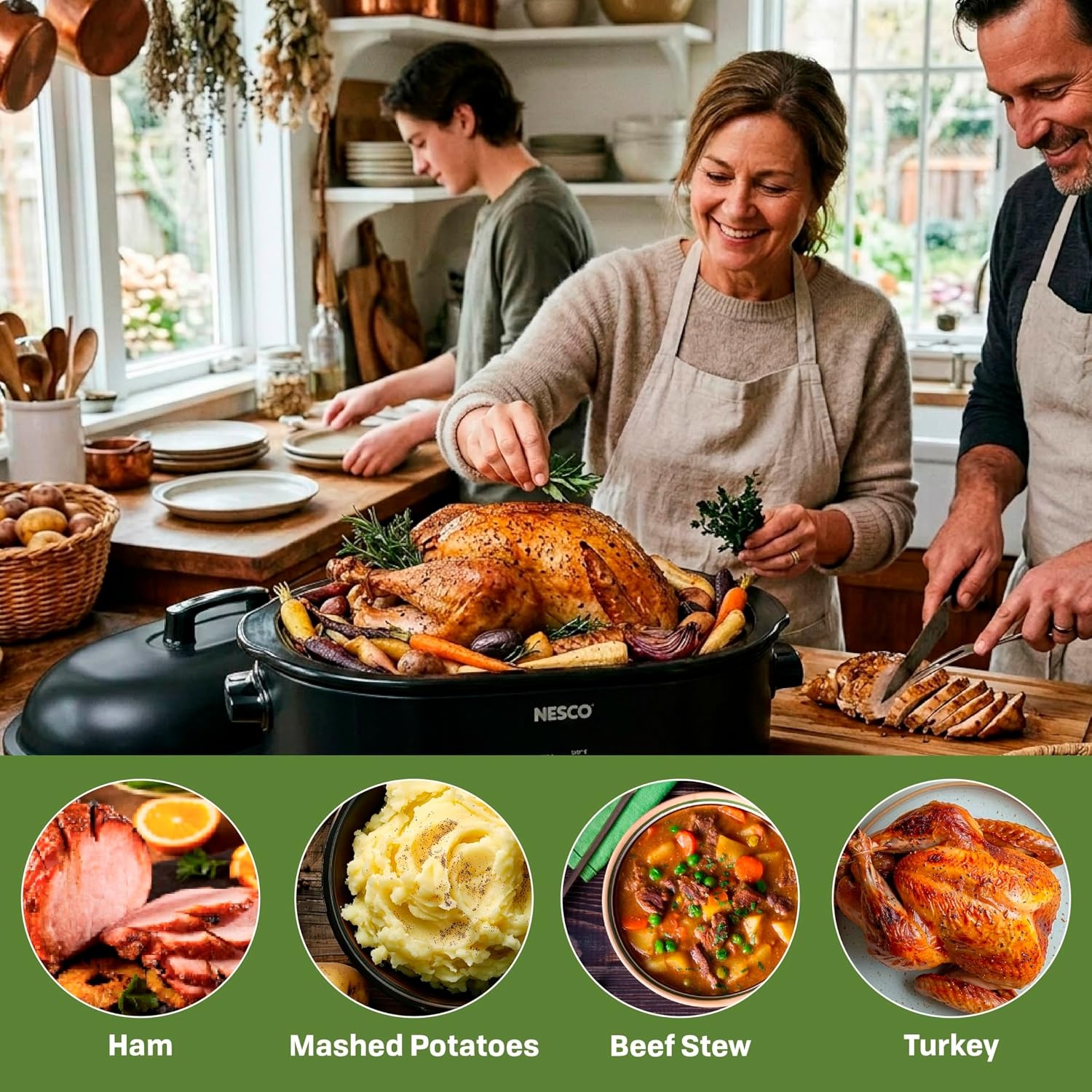 NESCO MWR18‑14 Electric Roaster Oven for Family‑Size Meals, White 18‑Quart Countertop Roaster with Adjustable Temperature Control(Black)