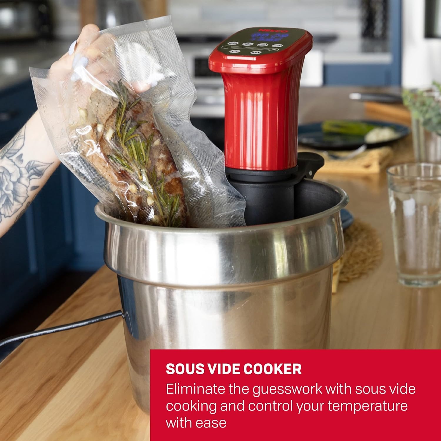 Nesco SVC-1000 Sous Vide Precision Cooker + Deluxe Food VS-12 Vacuum Sealer + 2 Vacuum Sealer Bag Rolls, 8″ x 20″