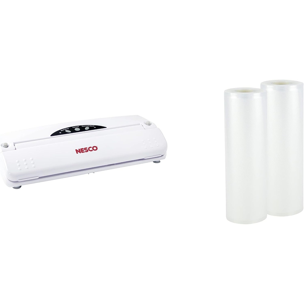 Nesco VS-01 One Touch Operation Food Vacuum Sealer + Nesco VS-03R Vacuum Sealer Bag Rolls, 7.87 inch x 19.70 feet, 2 Count