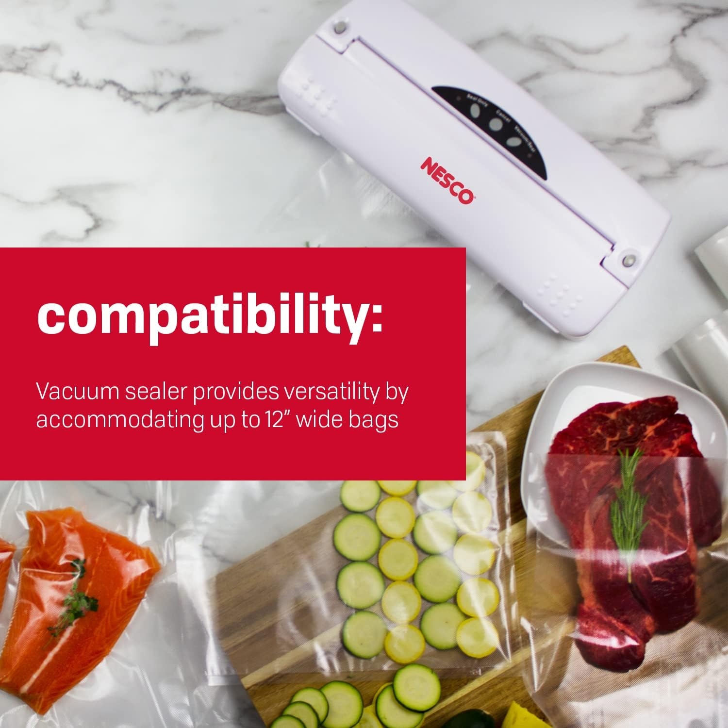 Nesco VS-01 One Touch Operation Food Vacuum Sealer + Nesco VS-03R Vacuum Sealer Bag Rolls, 7.87 inch x 19.70 feet, 2 Count