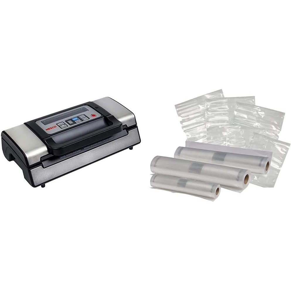 NESCO VS-12, Deluxe Vacuum Sealer with Bag Starter Kit and Viewing Lid, Compact Design, Silver & VS-07V, Vacuum Sealer Bags, Variety Pack, Clear(Vacuum Sealer + Rolls)