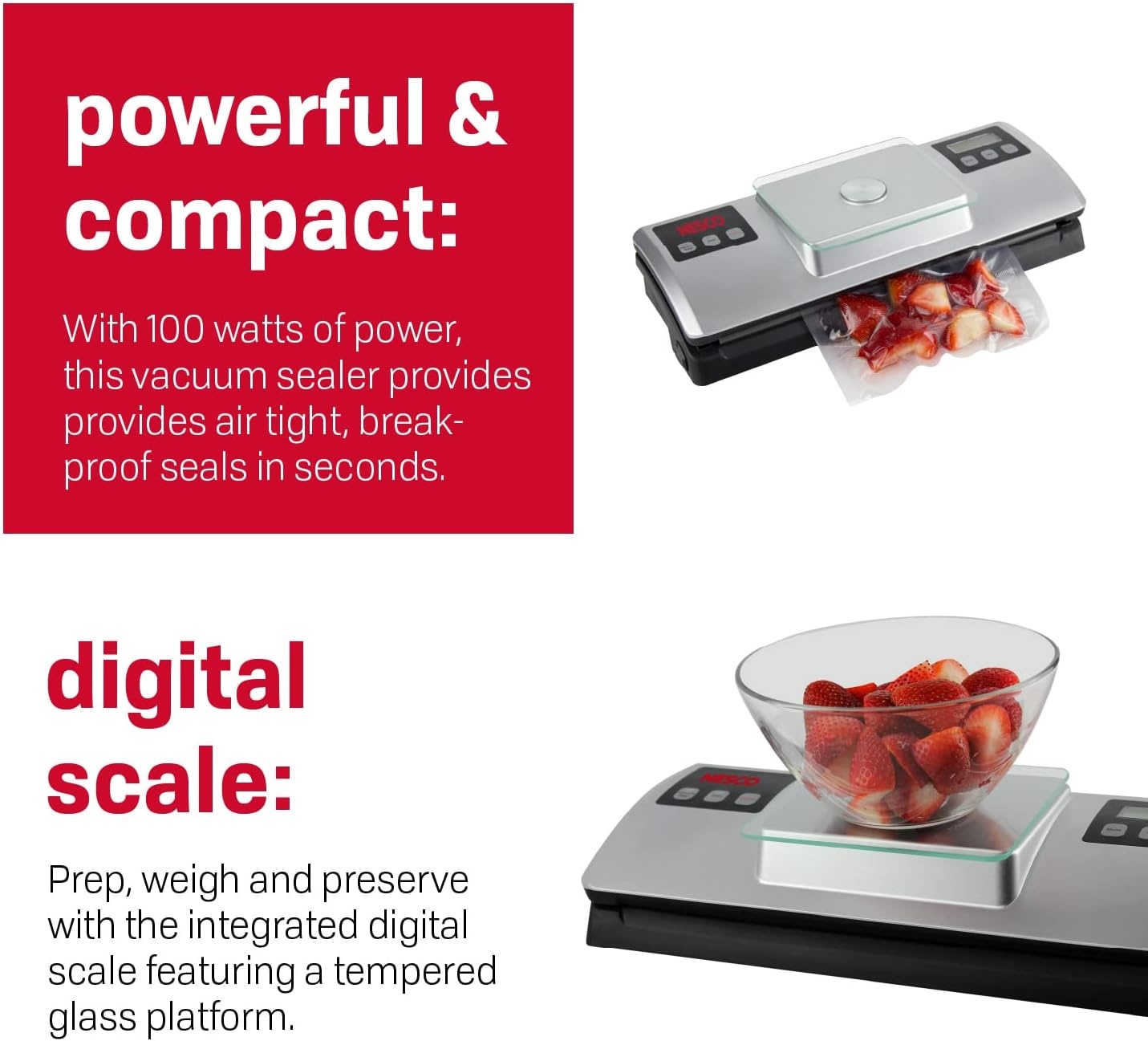 Nesco VSS-01 Automatic Food Vacuum Sealer with Digital Scale + Nesco VS-03R Food Vacuum Sealer Bag Rolls, 7.87 inch x 19.70 feet, 2 Count