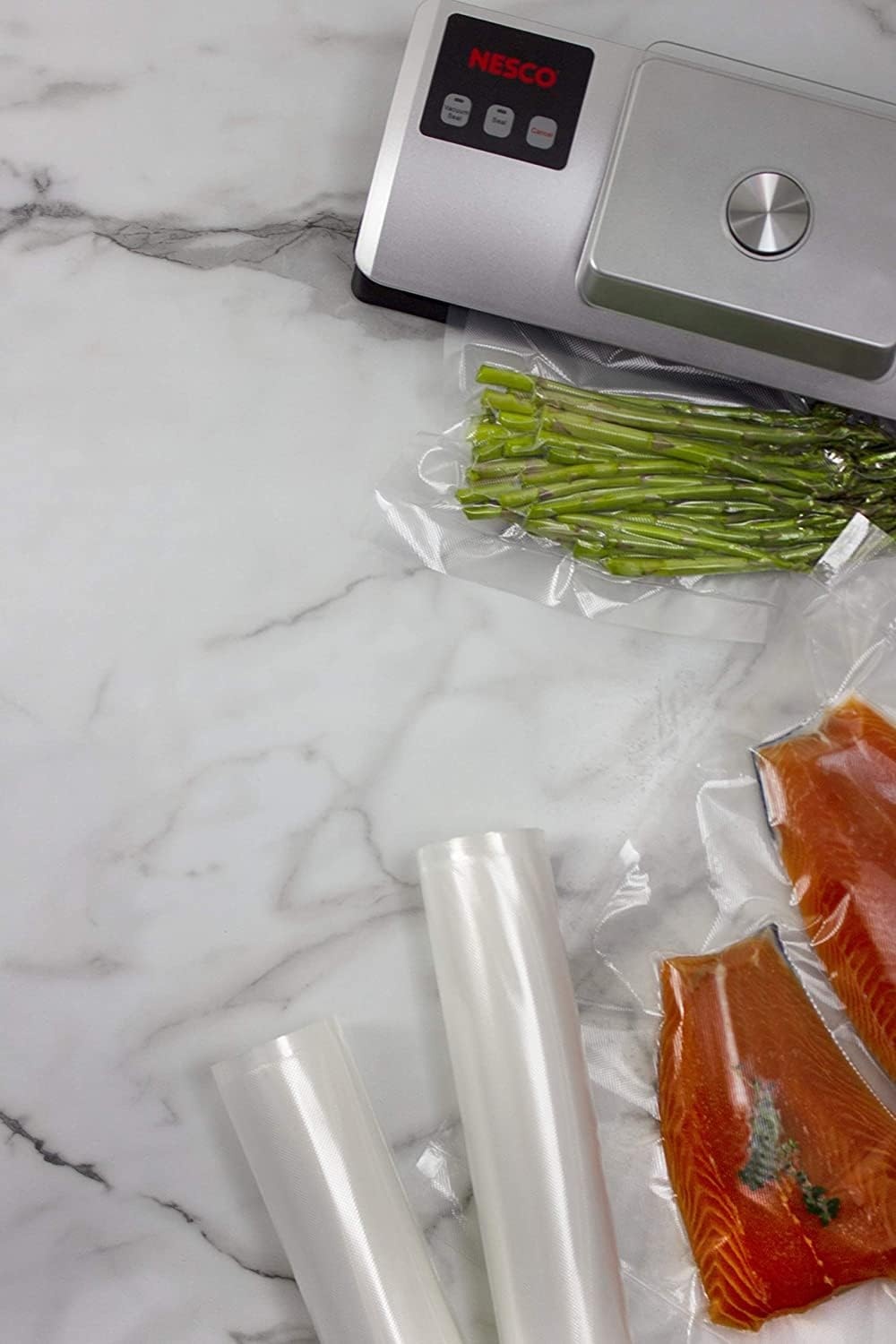 Nesco VSS-01 Automatic Food Vacuum Sealer with Digital Scale + Nesco VS-03R Food Vacuum Sealer Bag Rolls, 7.87 inch x 19.70 feet, 2 Count