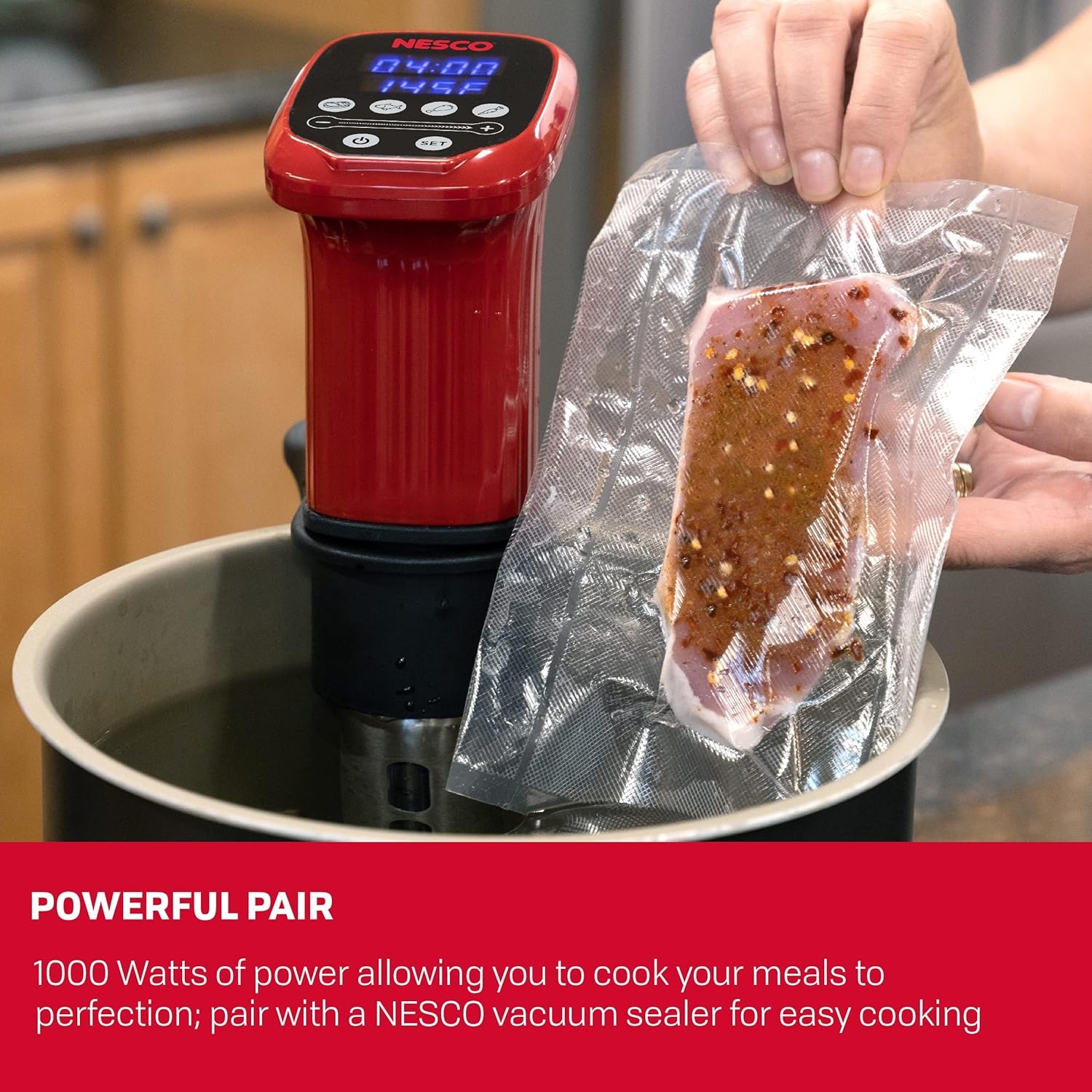 Nesco SVC-1000 Sous Vide Precision Cooker with Digital Display and Pre-Programmed Cooking Options for Meat, Fish, Chicken and Vegetables, 1000 Watts, Red and Black