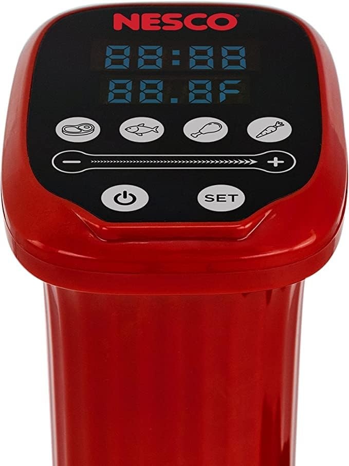 Nesco SVC-1000 Sous Vide Precision Cooker with Digital Display and Pre-Programmed Cooking Options for Meat, Fish, Chicken and Vegetables, 1000 Watts, Red and Black