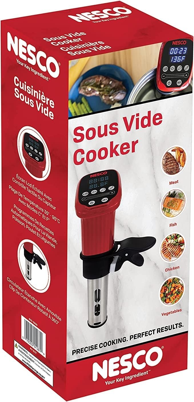 Nesco SVC-1000 Sous Vide Precision Cooker with Digital Display and Pre-Programmed Cooking Options for Meat, Fish, Chicken and Vegetables, 1000 Watts, Red and Black