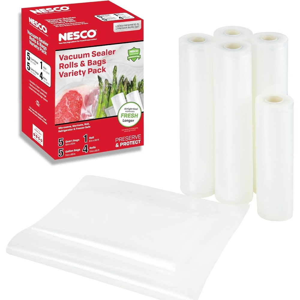 Nesco VS-07V Vacuum Sealer Bag Variety Pack, Bag/Roll Combo, Clear