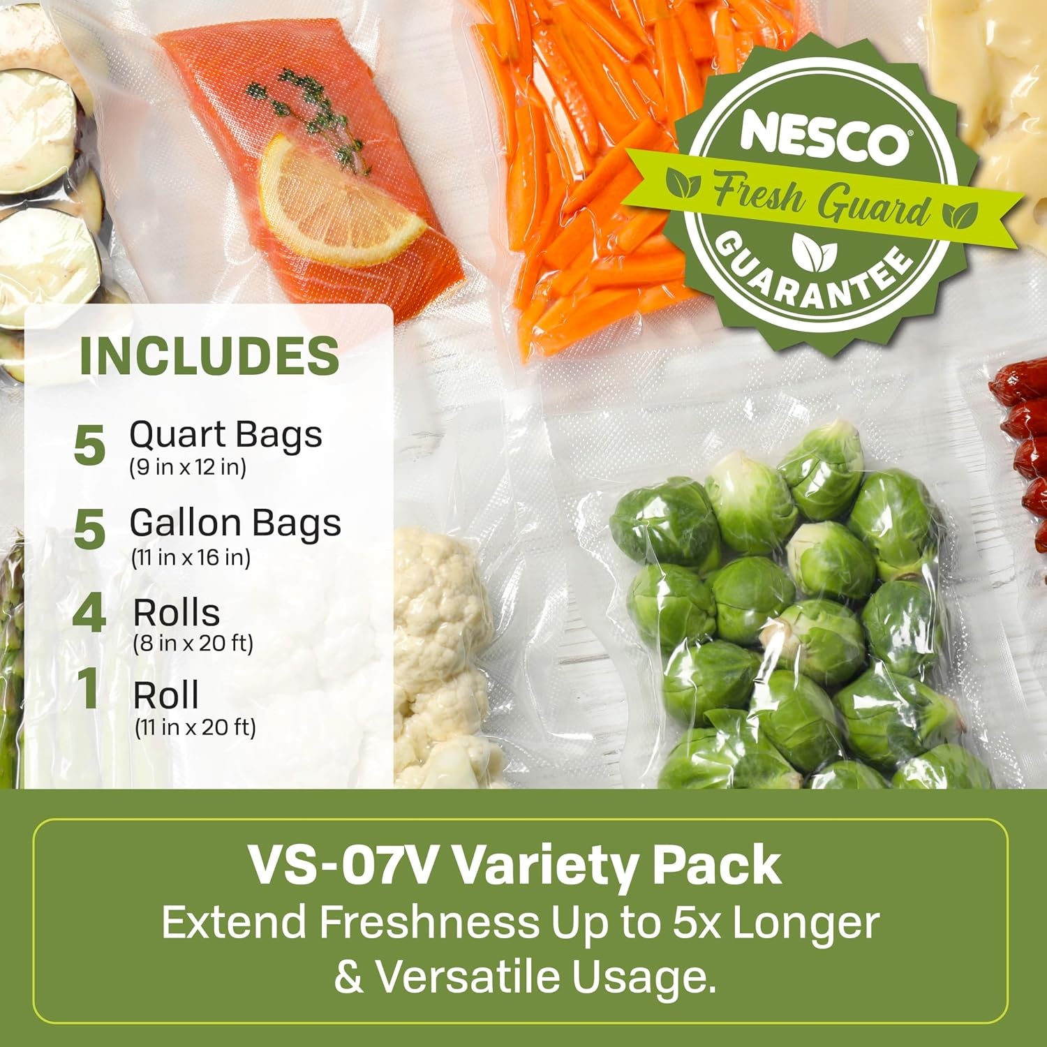 Nesco VS-07V Vacuum Sealer Bag Variety Pack, Bag/Roll Combo, Clear