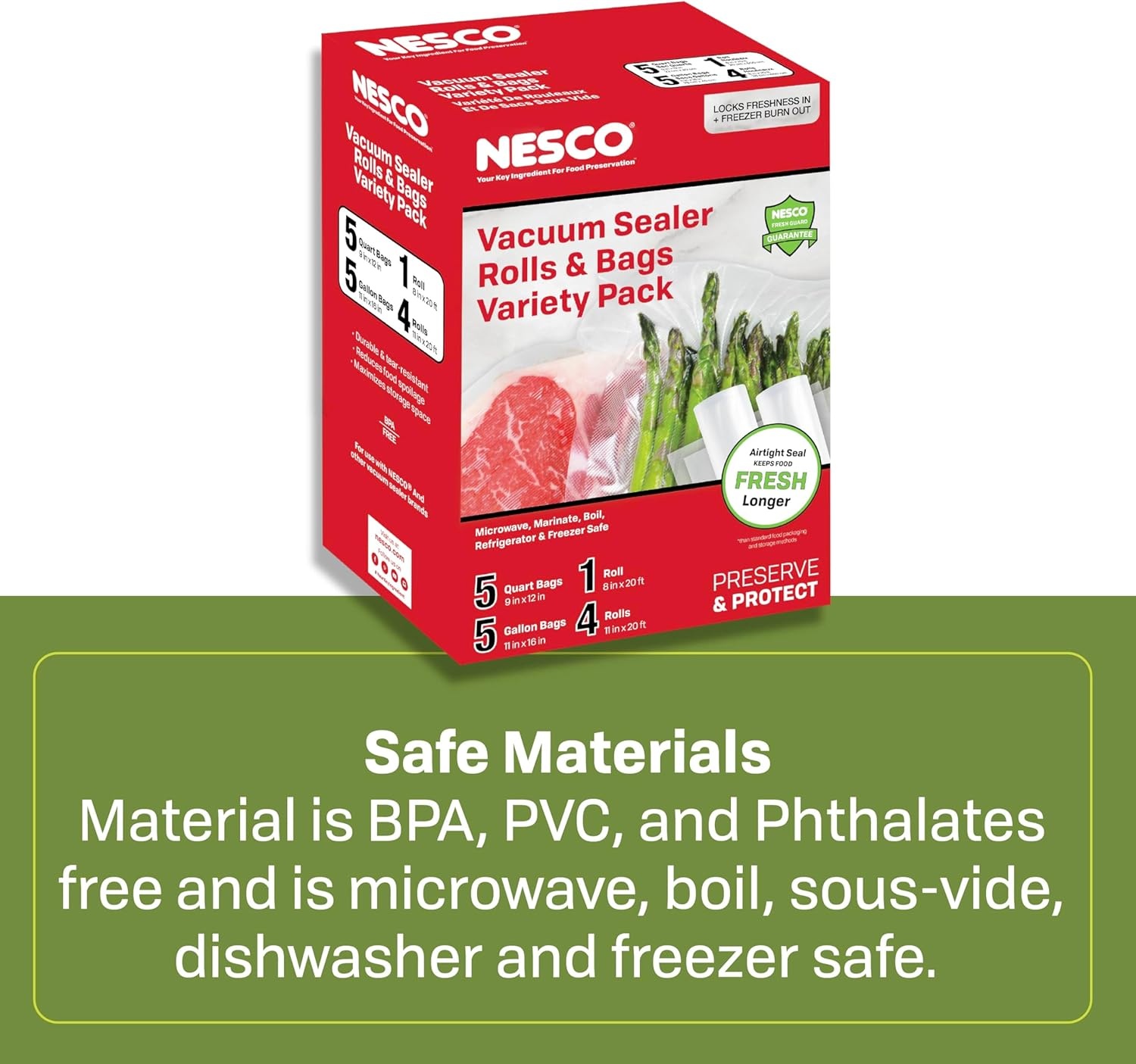Nesco VS-07V Vacuum Sealer Bag Variety Pack, Bag/Roll Combo, Clear