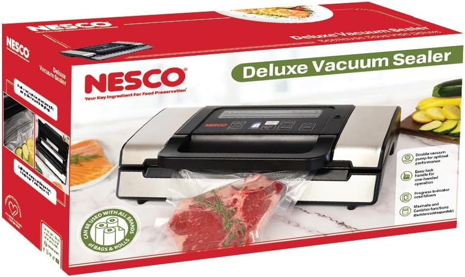 Nesco Deluxe Food VS-12 Vacuum Sealer, 130 Watts, Kit Bags & Viewing Lid, Compact, Silver(Vacuum Sealer)