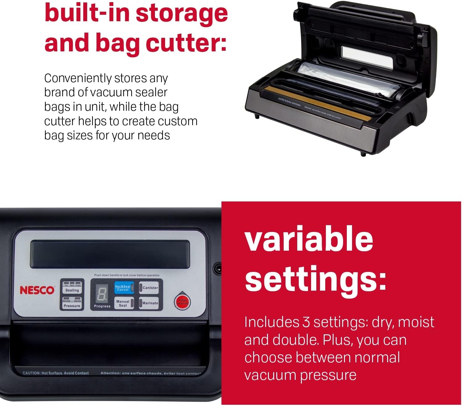 Nesco Deluxe Food VS-12 Vacuum Sealer, 130 Watts, Kit Bags & Viewing Lid, Compact, Silver(Vacuum Sealer)
